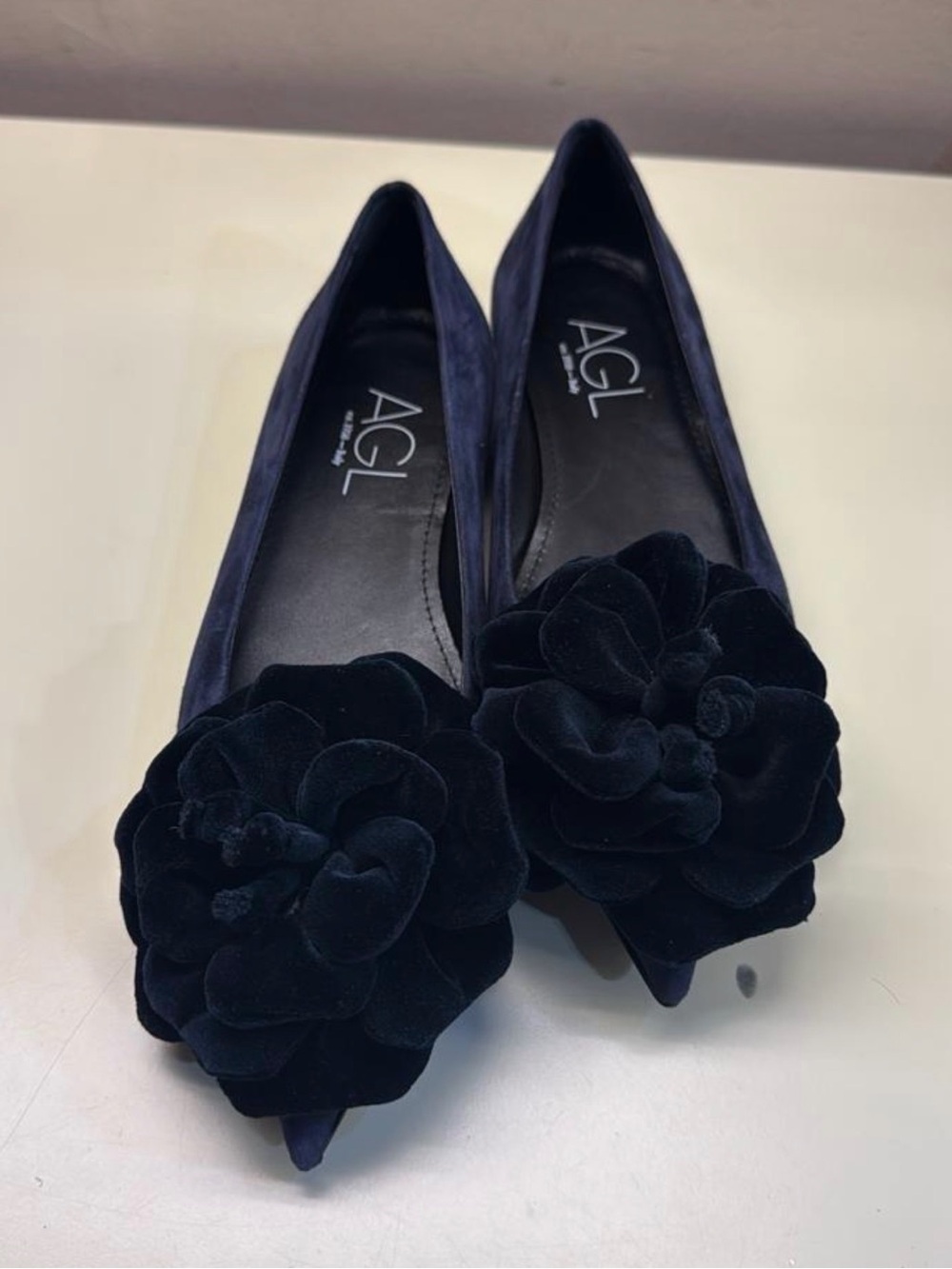 AGL Navy Suede Pointed-Toe Ballet Flat with Suede Flower - Picture 7 of 7